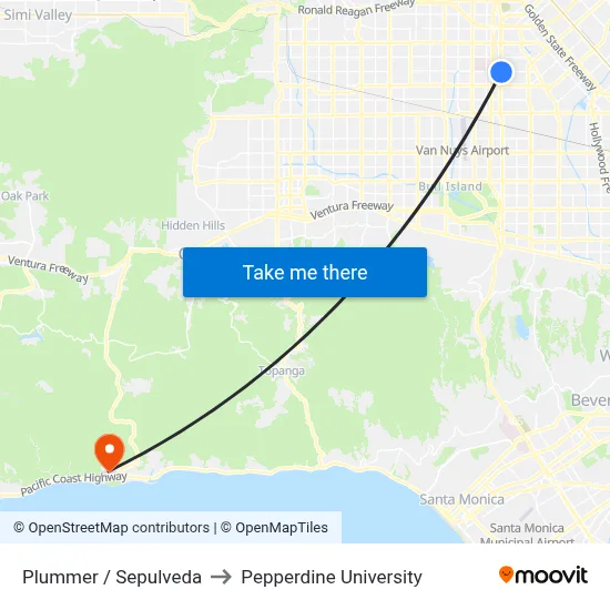 Plummer / Sepulveda to Pepperdine University map