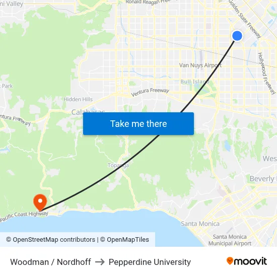 Woodman / Nordhoff to Pepperdine University map