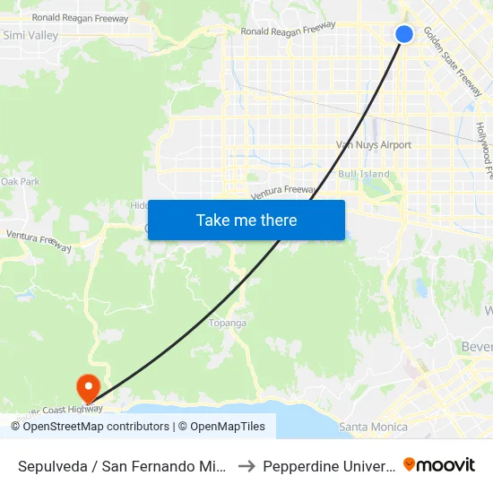 Sepulveda / San Fernando Mission to Pepperdine University map