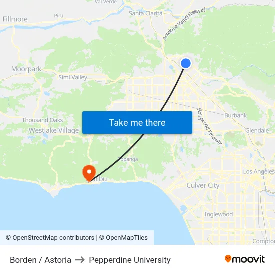 Borden / Astoria to Pepperdine University map
