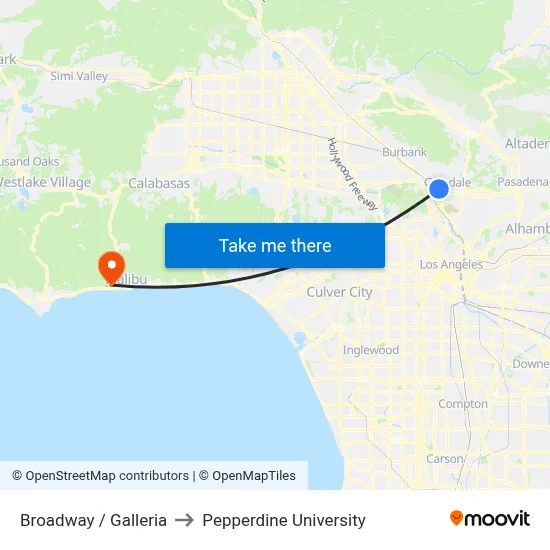 Broadway / Galleria to Pepperdine University map