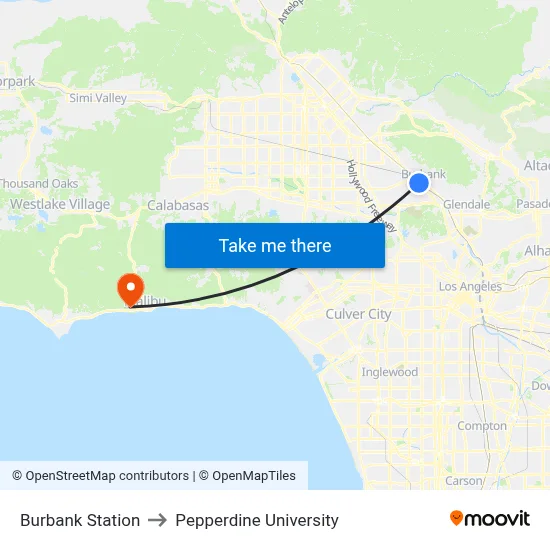 Burbank Station to Pepperdine University map