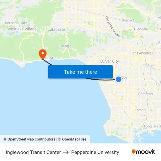 Inglewood Transit Center to Pepperdine University map