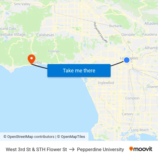 West 3rd St & STH Flower St to Pepperdine University map