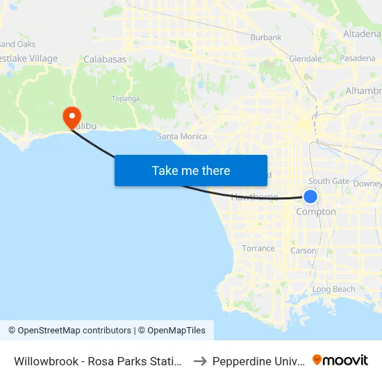 Willowbrook - Rosa Parks Station - West to Pepperdine University map