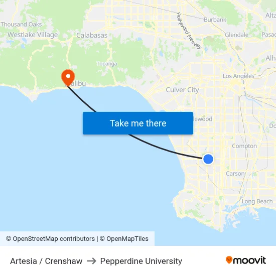 Artesia / Crenshaw to Pepperdine University map