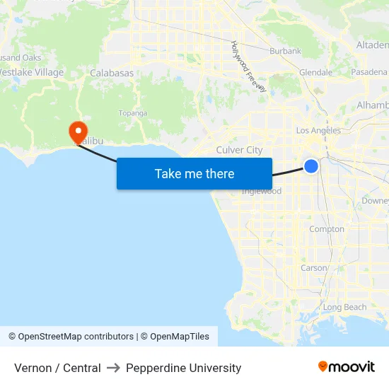 Vernon / Central to Pepperdine University map
