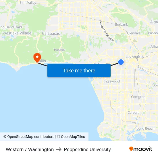 Western / Washington to Pepperdine University map