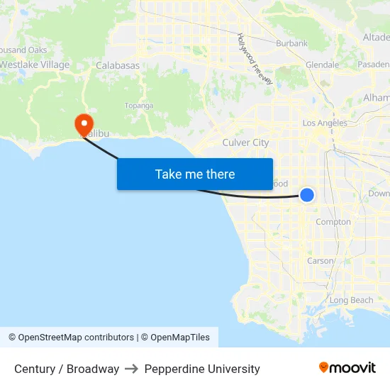 Century / Broadway to Pepperdine University map
