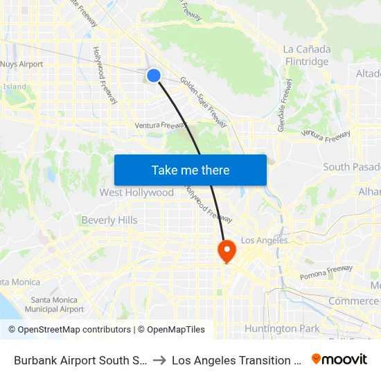 Burbank Airport South Station to Los Angeles Transition Center map