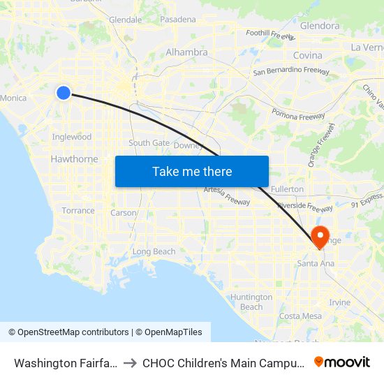 Washington Fairfax Hub to CHOC Children's Main Campus Orange map