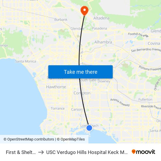 First & Shelter C N to USC Verdugo Hills Hospital Keck Medicine of USC map