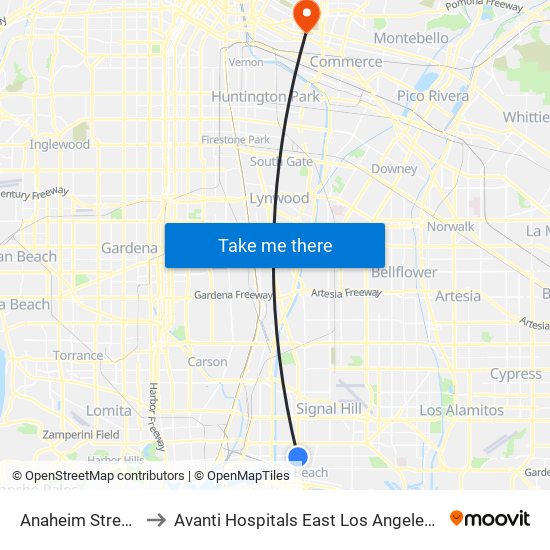 Anaheim Street Station to Avanti Hospitals East Los Angeles Doctors Hospital map