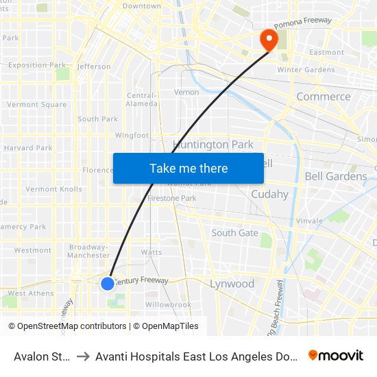 Avalon Station to Avanti Hospitals East Los Angeles Doctors Hospital map