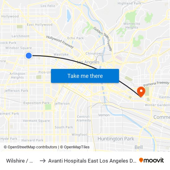 Wilshire / Western to Avanti Hospitals East Los Angeles Doctors Hospital map