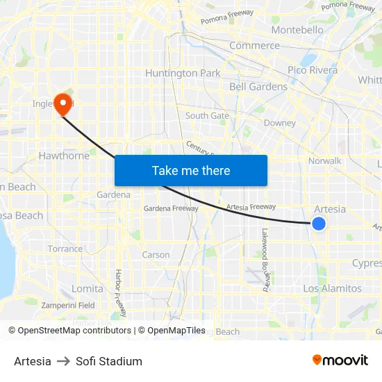 Artesia to Sofi Stadium map