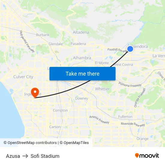 Azusa to Sofi Stadium map