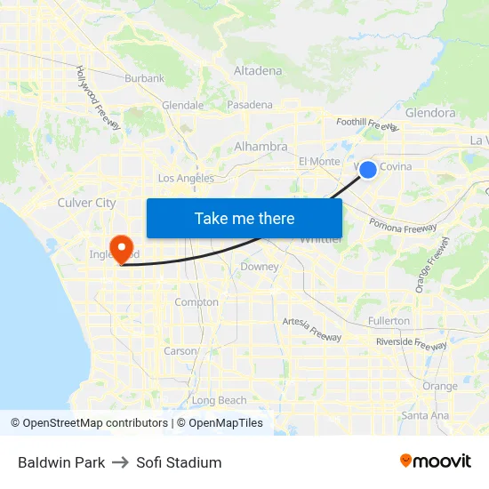 Baldwin Park to Sofi Stadium map