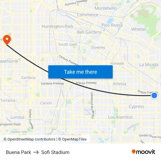 Buena Park to Sofi Stadium map