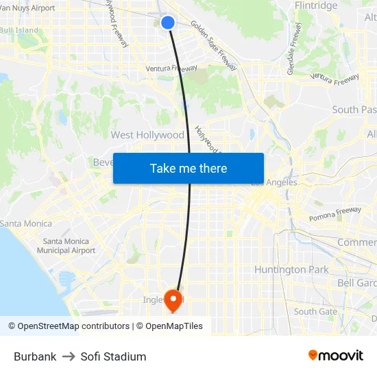 Burbank to Sofi Stadium map