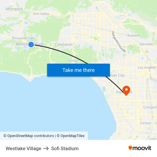 Westlake Village to Sofi Stadium map