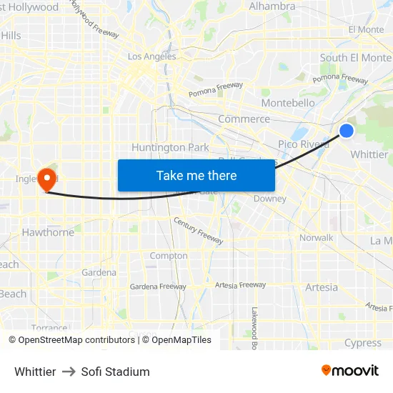 Whittier to Sofi Stadium map