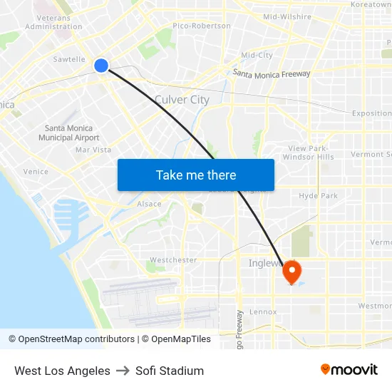 West Los Angeles to Sofi Stadium map