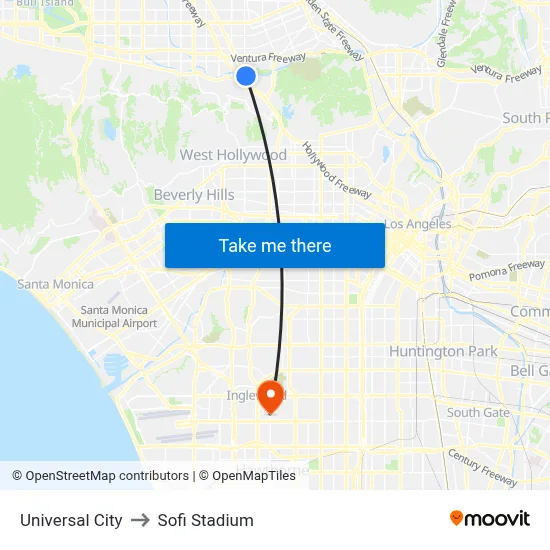 Universal City to Sofi Stadium map