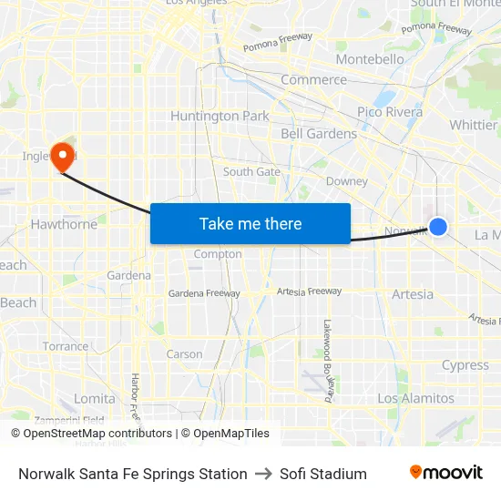 Norwalk Santa Fe Springs Station to Sofi Stadium map