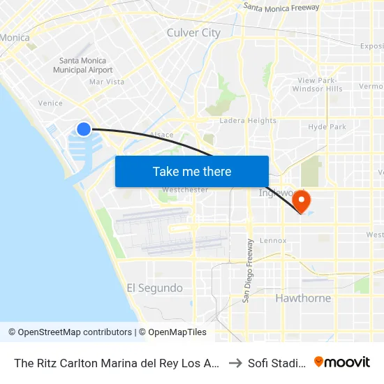 The Ritz Carlton Marina del Rey Los Angeles to Sofi Stadium map