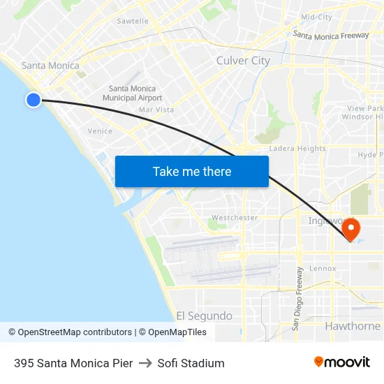395 Santa Monica Pier to Sofi Stadium map