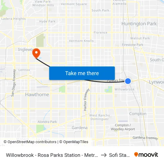 Willowbrook - Rosa Parks Station - Metro Green Line to Sofi Stadium map