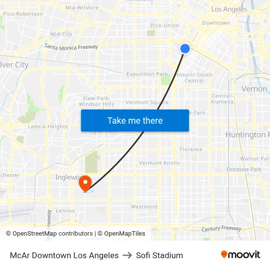 McAr Downtown Los Angeles to Sofi Stadium map