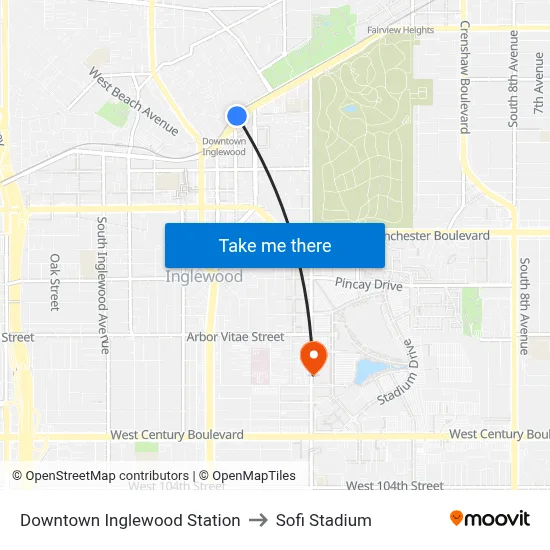 Downtown Inglewood Station to Sofi Stadium map