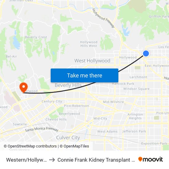 Western/Hollywood to Connie Frank Kidney Transplant Center map