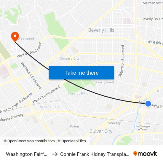 Washington Fairfax Hub to Connie Frank Kidney Transplant Center map