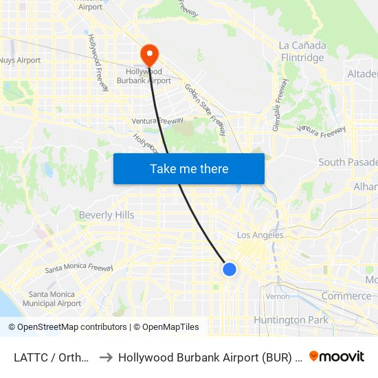 LATTC / Ortho Institute to Hollywood Burbank Airport (BUR) (Bob Hope Airport) map