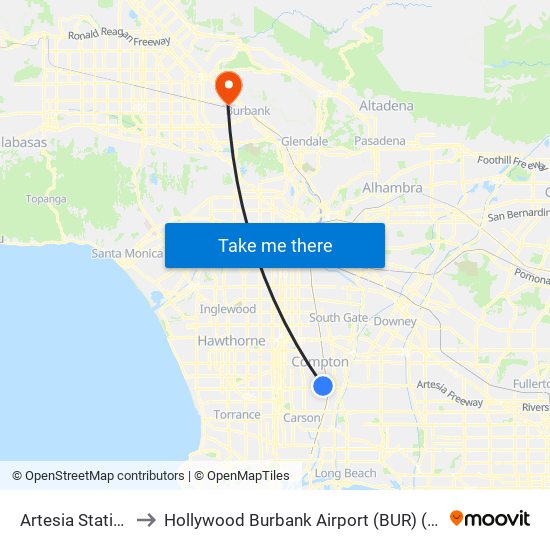 Artesia Station Bay 3 to Hollywood Burbank Airport (BUR) (Bob Hope Airport) map