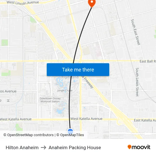 Hilton Anaheim to Anaheim Packing House map