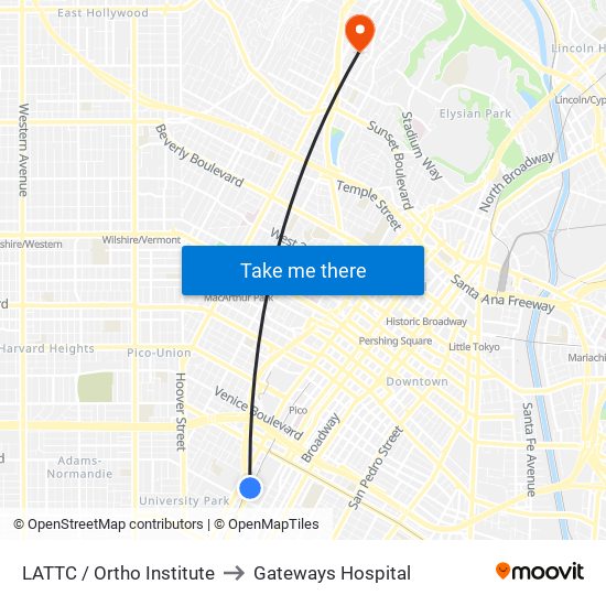 LATTC / Ortho Institute to Gateways Hospital map