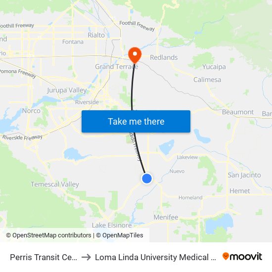 Perris Transit Center to Loma Linda University Medical Center map