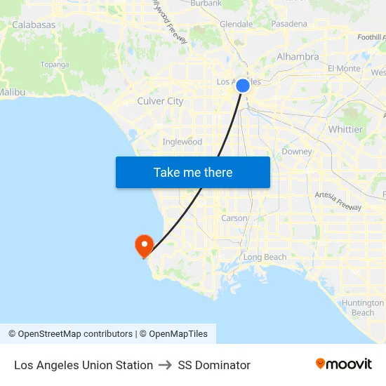 Los Angeles Union Station to SS Dominator map