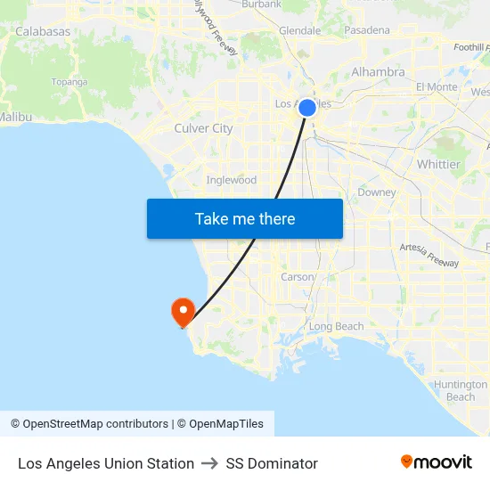 Los Angeles Union Station to SS Dominator map