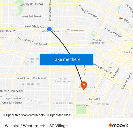 Wilshire / Western to USC Village map