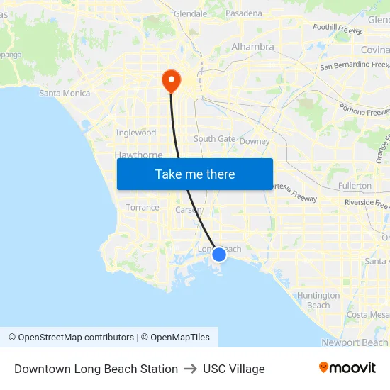 Downtown Long Beach Station to USC Village map
