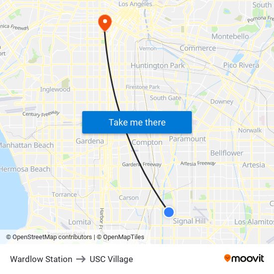 Wardlow Station to USC Village map