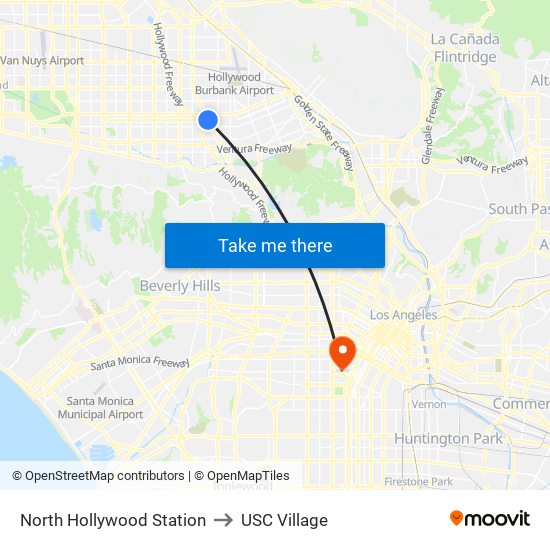 North Hollywood Station to USC Village map