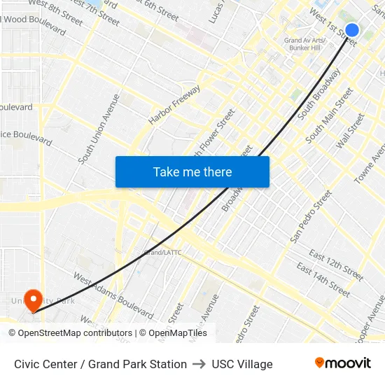 Civic Center / Grand Park Station to USC Village map