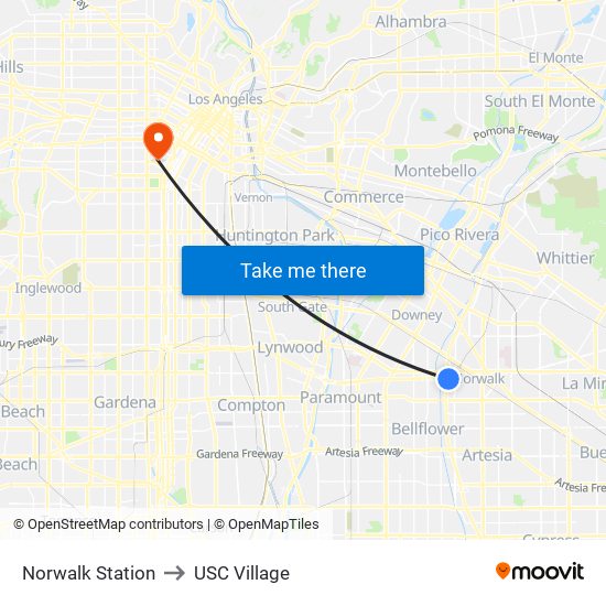 Norwalk Station to USC Village map