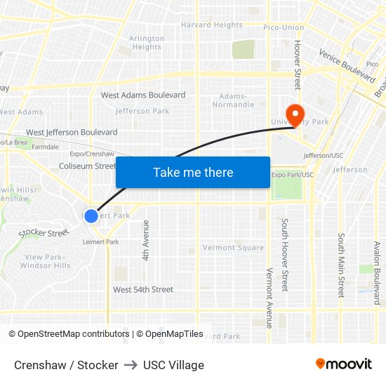 Crenshaw / Stocker to USC Village map